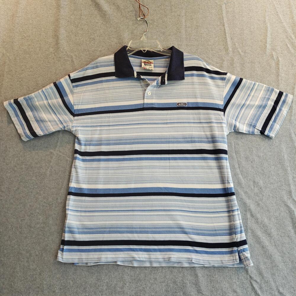 Avirex Classics Polo Shirt Mens L Blue White Striped Short Sleeve Cotton Knit